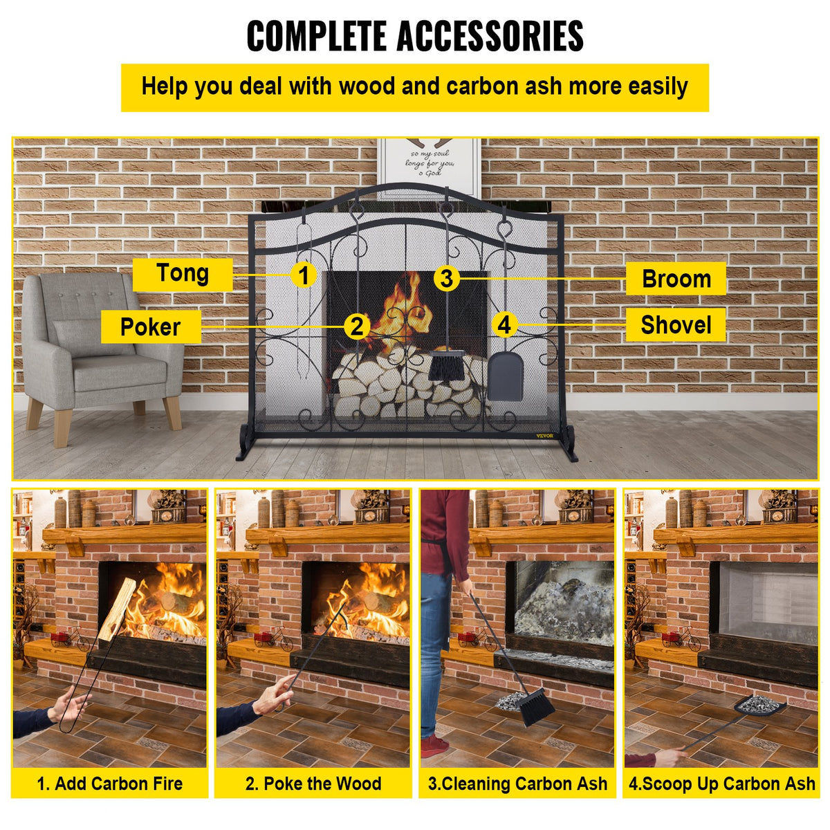 VEVOR Fireplace Screen, 38 x 26.5 Inch,Heavy Duty Iron Freestanding Spark Guard with Support, Metal Mesh Craft, Broom Tong Shovel Poker Included for Fireplace Decoration & Protection, Black - BLPFHSFSD38IN1IAFV0 - view 7