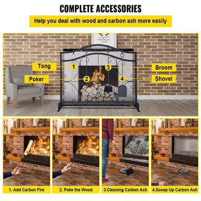 VEVOR Fireplace Screen, 38 x 26.5 Inch,Heavy Duty Iron Freestanding Spark Guard with Support, Metal Mesh Craft, Broom Tong Shovel Poker Included for Fireplace Decoration & Protection, Black - BLPFHSFSD38IN1IAFV0 - view 7