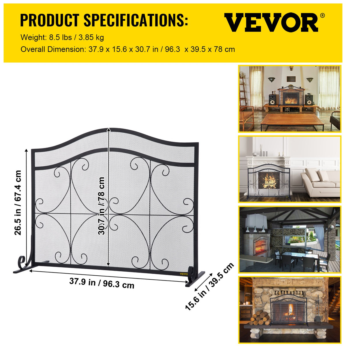 VEVOR Fireplace Screen, 38 x 26.5 Inch,Heavy Duty Iron Freestanding Spark Guard with Support, Metal Mesh Craft, Broom Tong Shovel Poker Included for Fireplace Decoration & Protection, Black - BLPFHSFSD38IN1IAFV0 - view 8