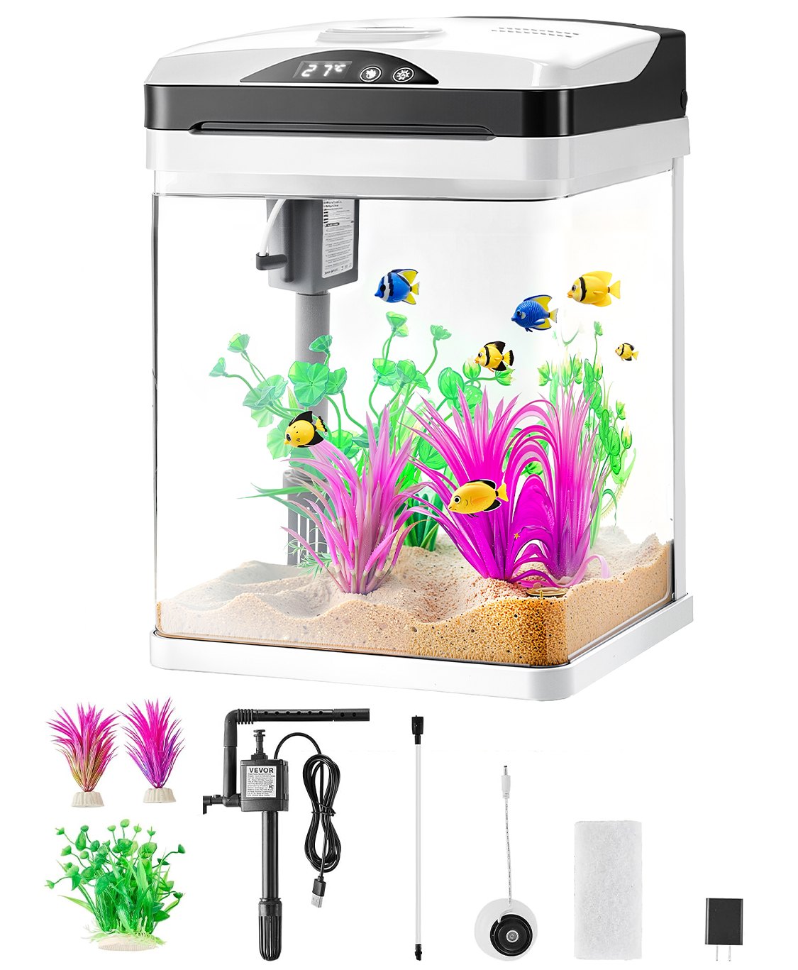 VEVOR Fish Tank Aquarium, 2 Gallon LED Square Ultra-Clear Glass Tank Temperature Monitoring Adjustable 7 Color Lighting, Self Cleaning System Fishbowl for Freshwater & Saltwater Fish Home,Office,Pet - BLSZXFX2GALSXT9S0V1 - view 1