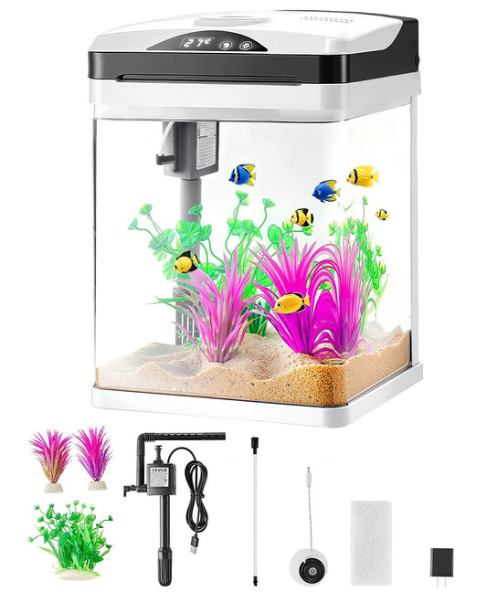 VEVOR Fish Tank Aquarium, 2 Gallon LED Square Ultra-Clear Glass Tank Temperature Monitoring Adjustable 7 Color Lighting, Self Cleaning System Fishbowl for Freshwater & Saltwater Fish Home,Office,Pet - BLSZXFX2GALSXT9S0V1 - view 1