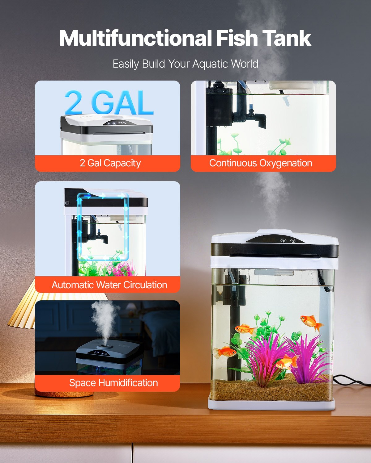 VEVOR Fish Tank Aquarium, 2 Gallon LED Square Ultra-Clear Glass Tank Temperature Monitoring Adjustable 7 Color Lighting, Self Cleaning System Fishbowl for Freshwater & Saltwater Fish Home,Office,Pet - BLSZXFX2GALSXT9S0V1 - view 3