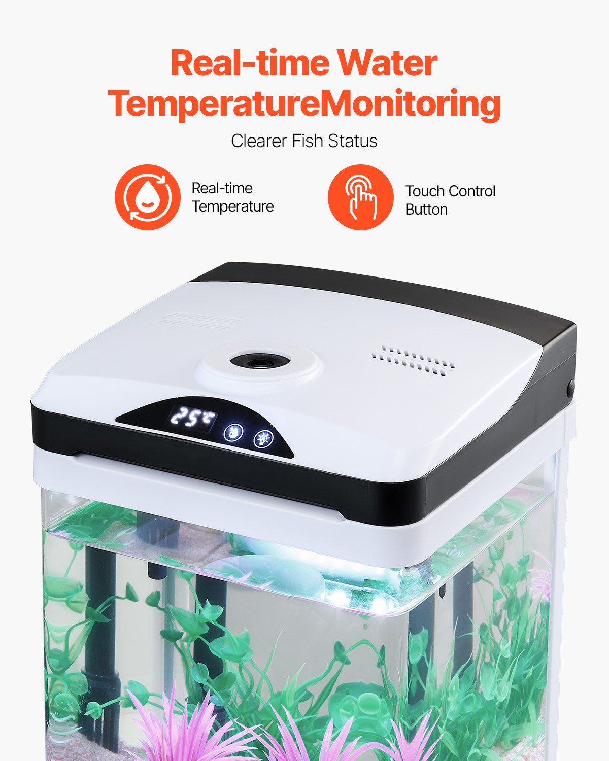 VEVOR Fish Tank Aquarium, 2 Gallon LED Square Ultra-Clear Glass Tank Temperature Monitoring Adjustable 7 Color Lighting, Self Cleaning System Fishbowl for Freshwater & Saltwater Fish Home,Office,Pet - BLSZXFX2GALSXT9S0V1 - view 5