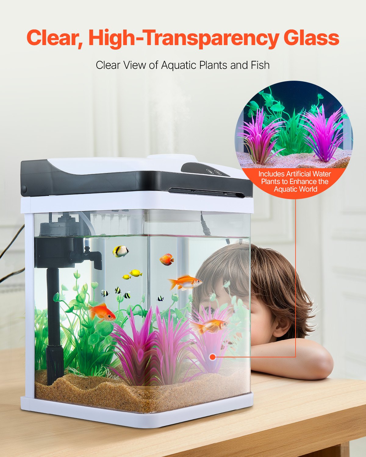 VEVOR Fish Tank Aquarium, 2 Gallon LED Square Ultra-Clear Glass Tank Temperature Monitoring Adjustable 7 Color Lighting, Self Cleaning System Fishbowl for Freshwater & Saltwater Fish Home,Office,Pet - BLSZXFX2GALSXT9S0V1 - view 6