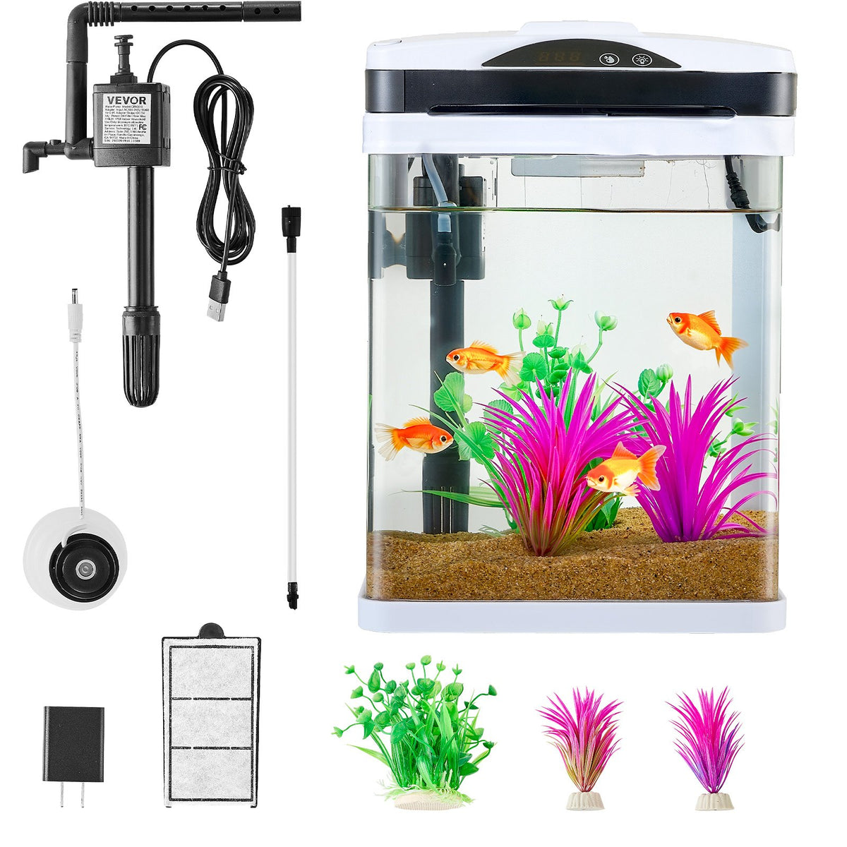 VEVOR Fish Tank Aquarium, 2 Gallon LED Square Ultra-Clear Glass Tank Temperature Monitoring Adjustable 7 Color Lighting, Self Cleaning System Fishbowl for Freshwater & Saltwater Fish Home,Office,Pet - BLSZXFX2GALSXT9S0V1 - view 10