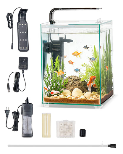 VEVOR Fish Tank Aquarium, 5 Gallon Square Ultra-Clear Glass Starter Smart Tank Adjustable 3 Color Lighting, Self Cleaning System Fishbowl for Freshwater & Saltwater Fish Home, Office, or Pet Use - BLSZXFX5GALJ6AV65V1 - view 1