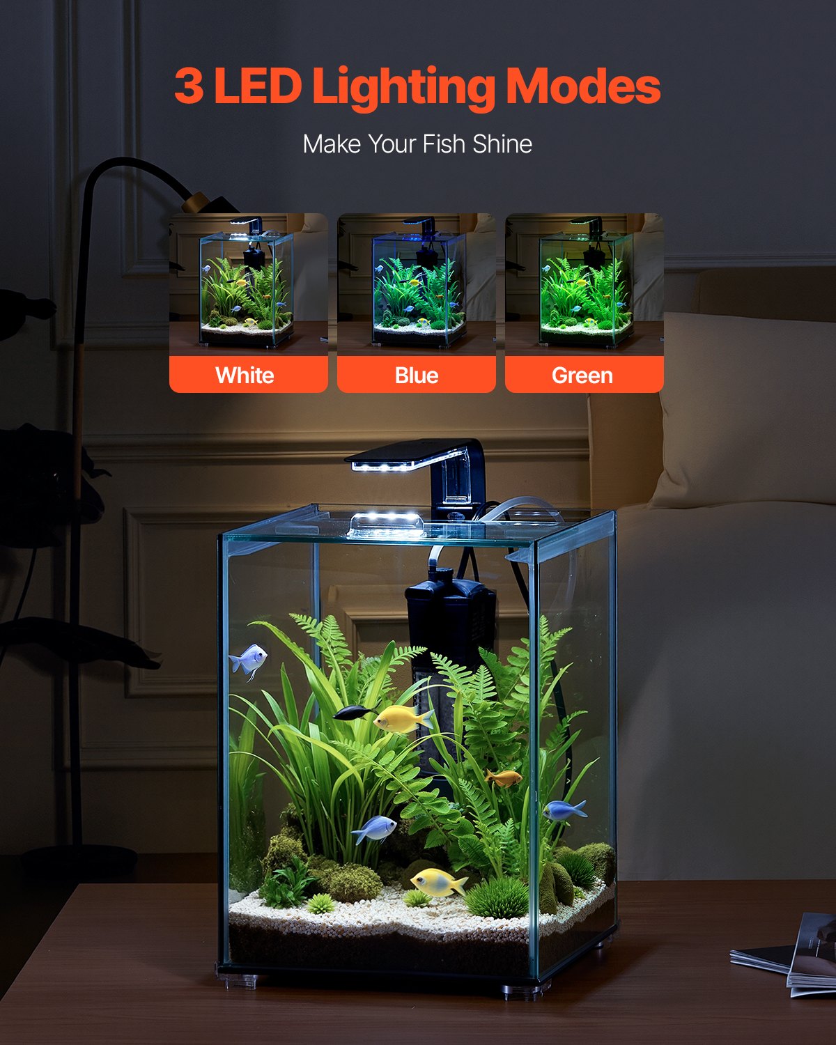 VEVOR Fish Tank Aquarium, 5 Gallon Square Ultra-Clear Glass Starter Smart Tank Adjustable 3 Color Lighting, Self Cleaning System Fishbowl for Freshwater & Saltwater Fish Home, Office, or Pet Use - BLSZXFX5GALJ6AV65V1 - view 4