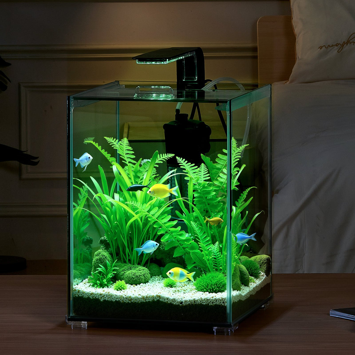VEVOR Fish Tank Aquarium, 5 Gallon Square Ultra-Clear Glass Starter Smart Tank Adjustable 3 Color Lighting, Self Cleaning System Fishbowl for Freshwater & Saltwater Fish Home, Office, or Pet Use - BLSZXFX5GALJ6AV65V1 - view 9