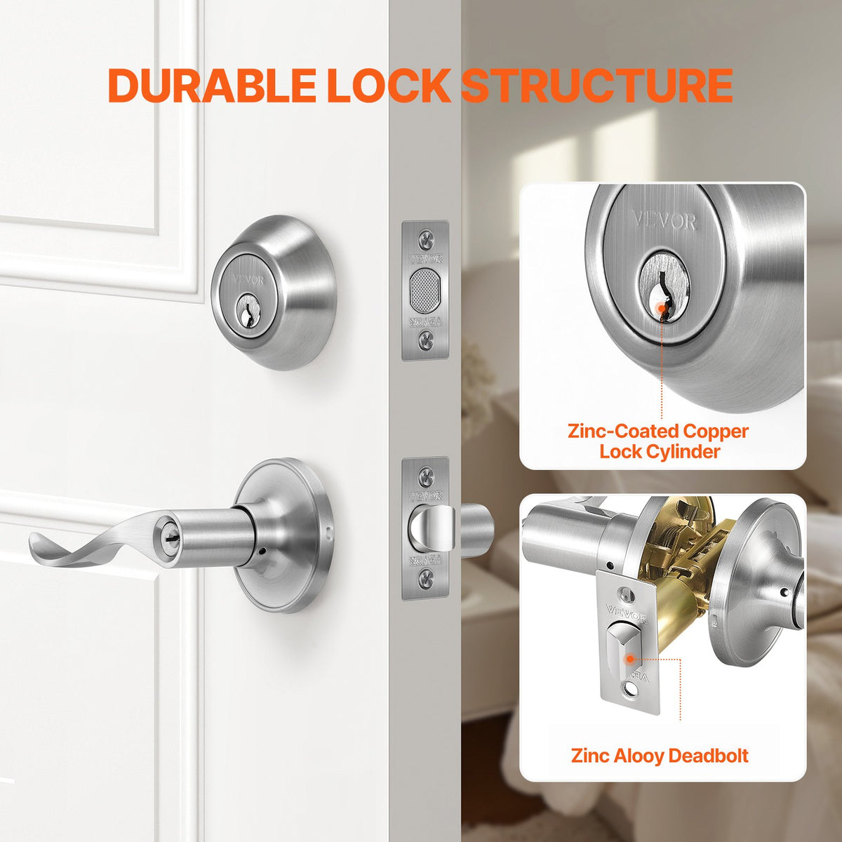 VEVOR Entry Door Locksets with Deadbolt, 5 Pack Satin Nickel Entry Lever and Single Cylinder Deadbolt, Keyed Alike Combo Pack, Fit for 1-3/8" to 1-3/4" Door Thickness, for Entrance and Front Door - BLXMSZHB5JT0AZTERV0 - view 5
