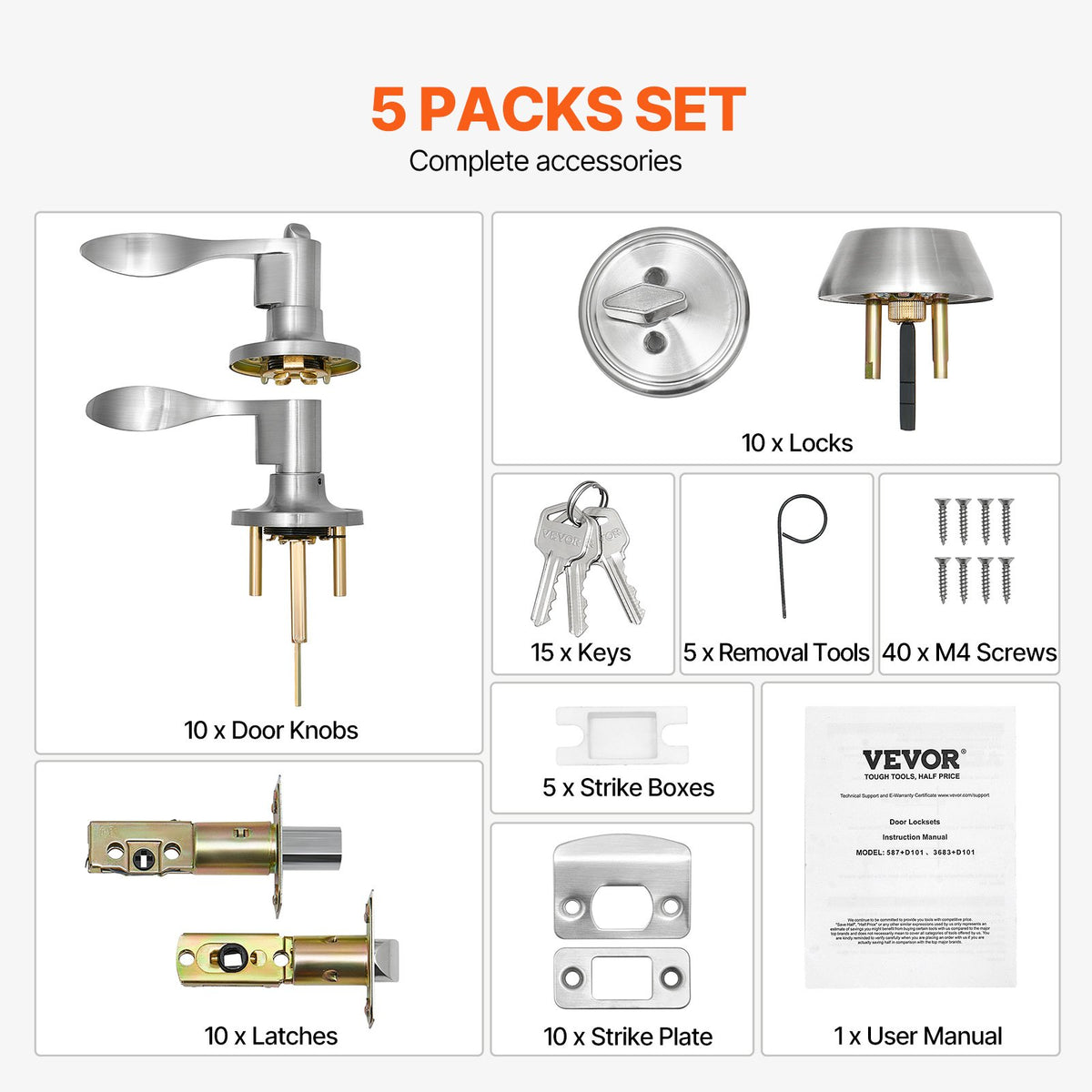 VEVOR Entry Door Locksets with Deadbolt, 5 Pack Satin Nickel Entry Lever and Single Cylinder Deadbolt, Keyed Alike Combo Pack, Fit for 1-3/8" to 1-3/4" Door Thickness, for Entrance and Front Door - BLXMSZHB5JT0AZTERV0 - view 7