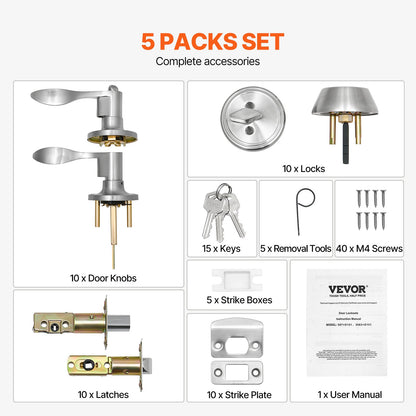 VEVOR Entry Door Locksets with Deadbolt, 5 Pack Satin Nickel Entry Lever and Single Cylinder Deadbolt, Keyed Alike Combo Pack, Fit for 1-3/8" to 1-3/4" Door Thickness, for Entrance and Front Door - BLXMSZHB5JT0AZTERV0 - view 7