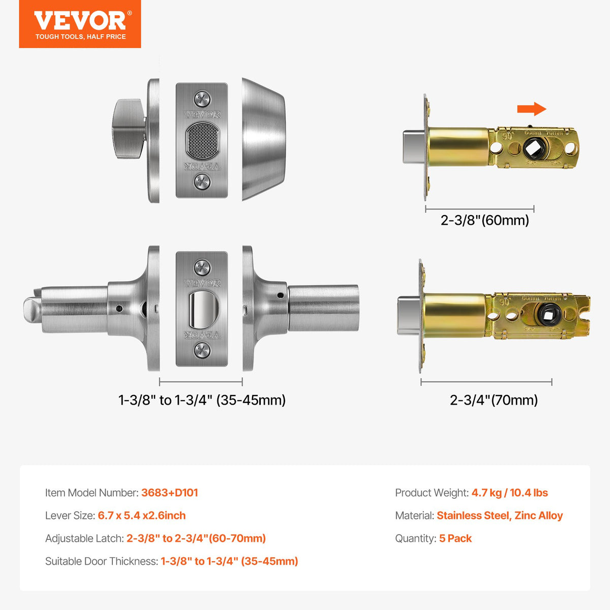 VEVOR Entry Door Locksets with Deadbolt, 5 Pack Satin Nickel Entry Lever and Single Cylinder Deadbolt, Keyed Alike Combo Pack, Fit for 1-3/8" to 1-3/4" Door Thickness, for Entrance and Front Door - BLXMSZHB5JT0AZTERV0 - view 8