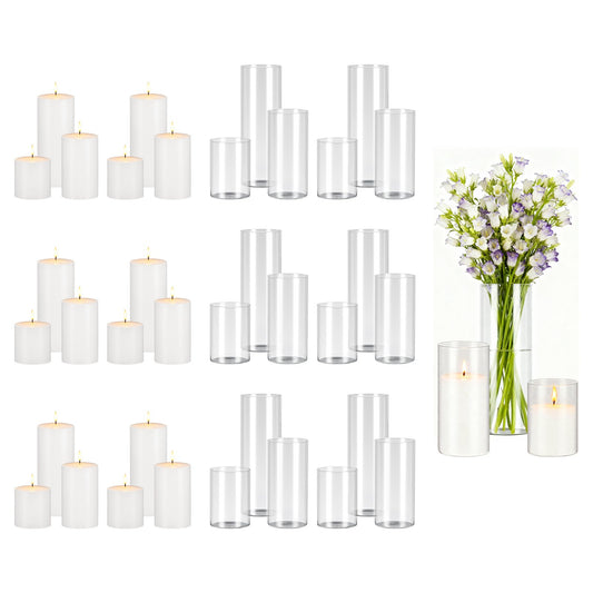 VEVOR Pillar Candles and Glass Vases Set 36 Pcs, Clear Cylinder Hurricane Candle Holders for Wedding Centerpieces, Tall Vase for Table Decor, Wedding Party, Thanksgiving, White (3.4" x 4.7",7.1",9.8") - BLYZHPLZTZHP5JAGR001V0 - view 1