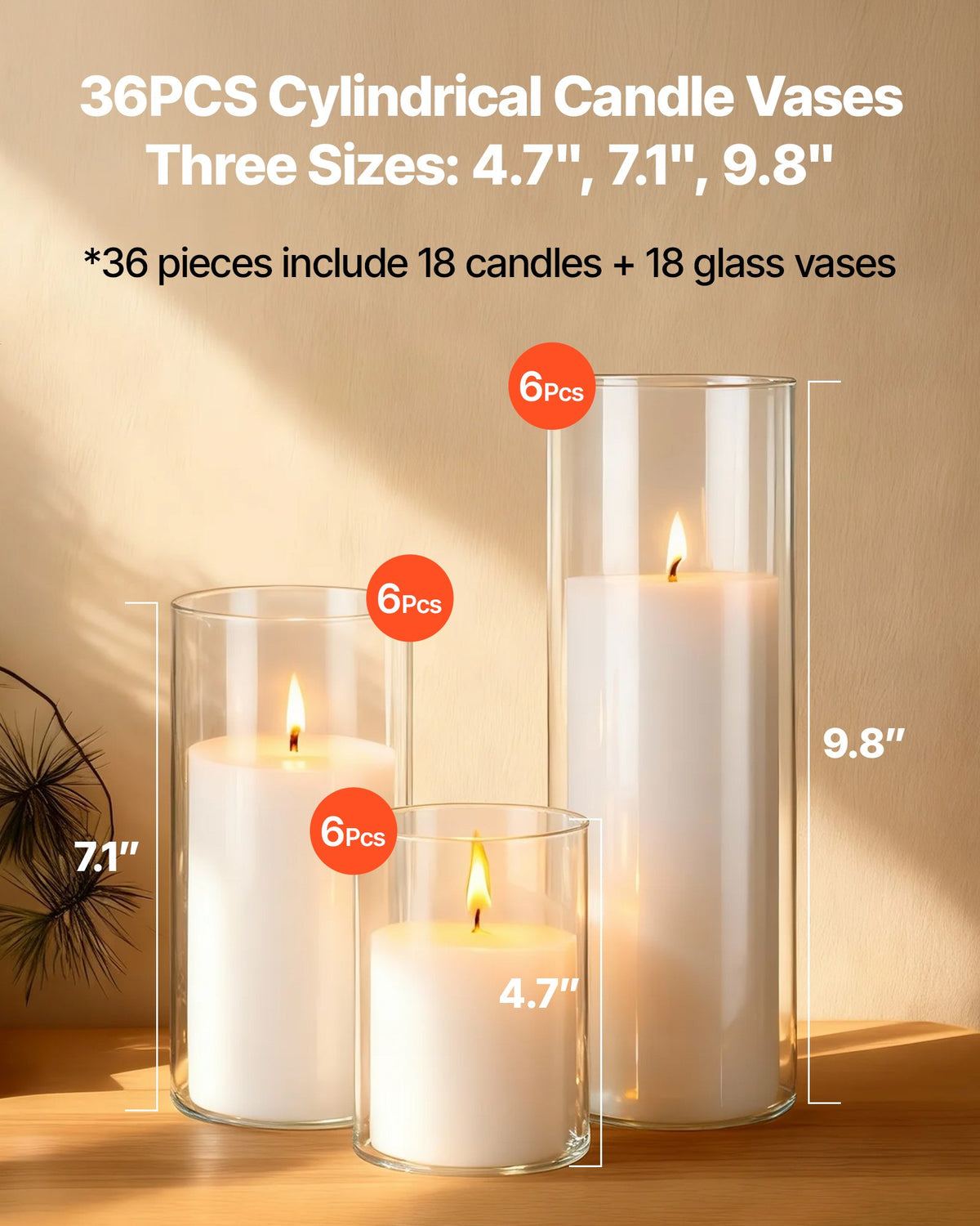 VEVOR Pillar Candles and Glass Vases Set 36 Pcs, Clear Cylinder Hurricane Candle Holders for Wedding Centerpieces, Tall Vase for Table Decor, Wedding Party, Thanksgiving, White (3.4" x 4.7",7.1",9.8") - BLYZHPLZTZHP5JAGR001V0 - view 3