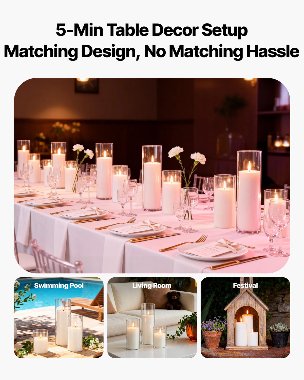 VEVOR Pillar Candles and Glass Vases Set 36 Pcs, Clear Cylinder Hurricane Candle Holders for Wedding Centerpieces, Tall Vase for Table Decor, Wedding Party, Thanksgiving, White (3.4" x 4.7",7.1",9.8") - BLYZHPLZTZHP5JAGR001V0 - view 6