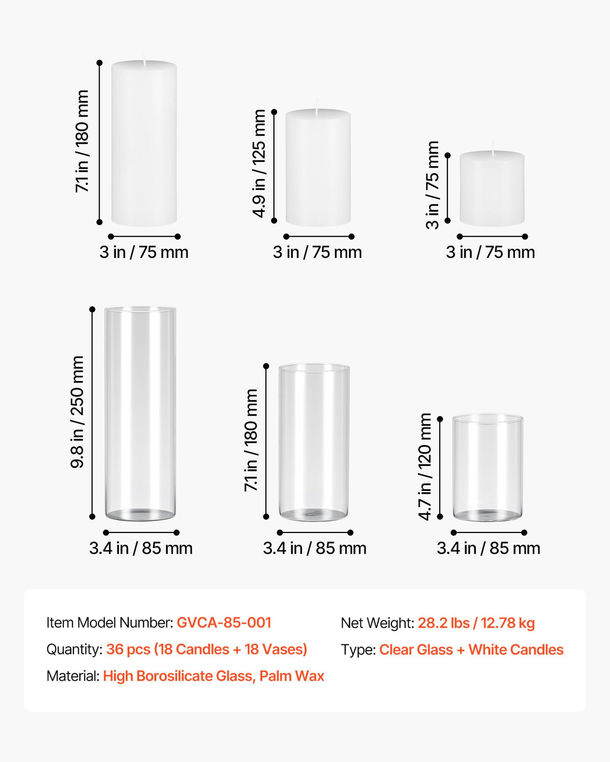VEVOR Pillar Candles and Glass Vases Set 36 Pcs, Clear Cylinder Hurricane Candle Holders for Wedding Centerpieces, Tall Vase for Table Decor, Wedding Party, Thanksgiving, White (3.4" x 4.7",7.1",9.8") - BLYZHPLZTZHP5JAGR001V0 - view 8