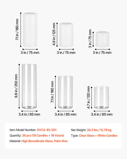 VEVOR Pillar Candles and Glass Vases Set 36 Pcs, Clear Cylinder Hurricane Candle Holders for Wedding Centerpieces, Tall Vase for Table Decor, Wedding Party, Thanksgiving, White (3.4" x 4.7",7.1",9.8") - BLYZHPLZTZHP5JAGR001V0 - view 8