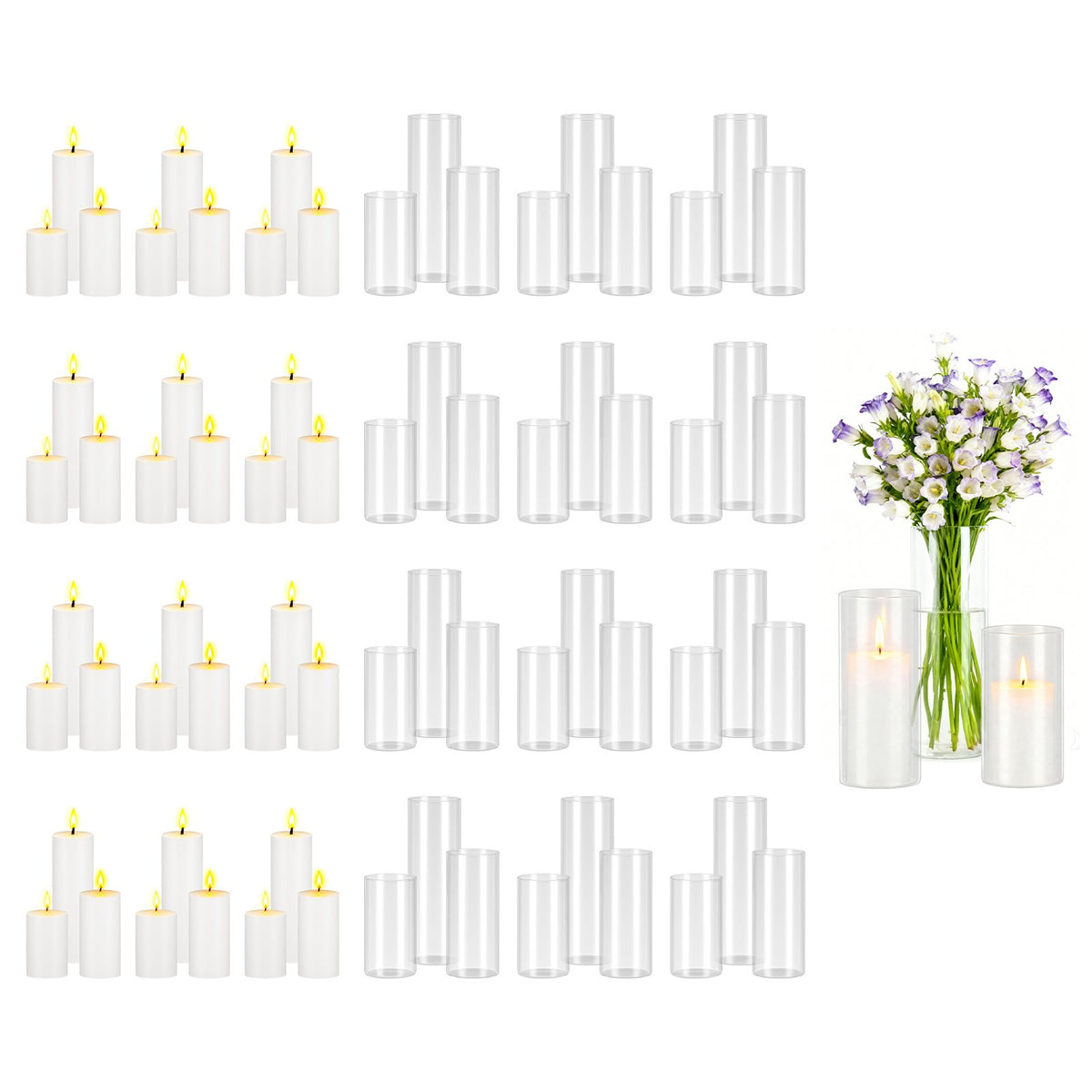 VEVOR Pillar Candles and Glass Vases Set 72 Pcs, Clear Cylinder Hurricane Candle Holders for Wedding Centerpieces, Tall Vase for Table Decor, Wedding Party, Thanksgiving,White (2.56" x 4.7",5.9",7.9") - BLYZHPLZTZHPJYTG1001V0 - view 1