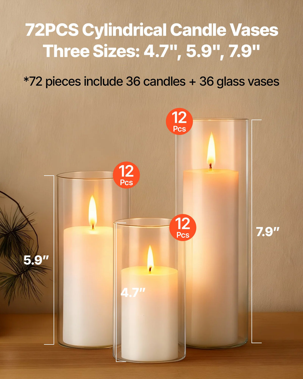 VEVOR Pillar Candles and Glass Vases Set 72 Pcs, Clear Cylinder Hurricane Candle Holders for Wedding Centerpieces, Tall Vase for Table Decor, Wedding Party, Thanksgiving,White (2.56" x 4.7",5.9",7.9") - BLYZHPLZTZHPJYTG1001V0 - view 3