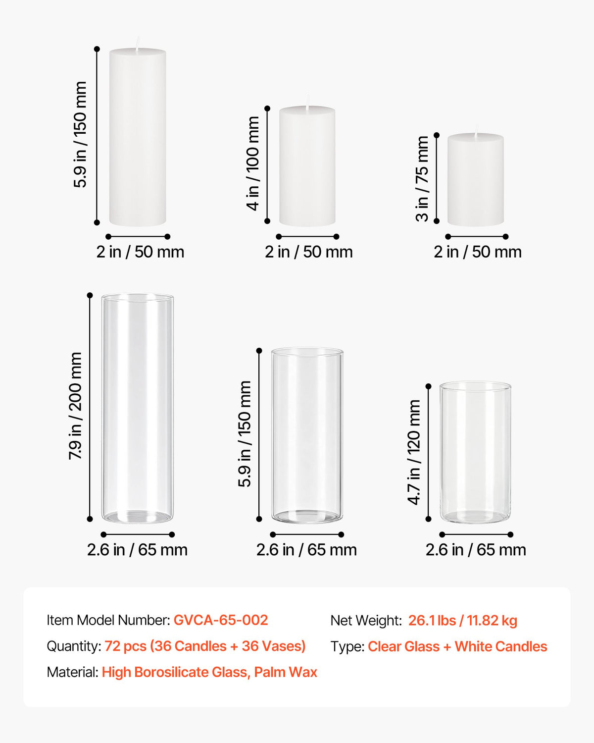 VEVOR Pillar Candles and Glass Vases Set 72 Pcs, Clear Cylinder Hurricane Candle Holders for Wedding Centerpieces, Tall Vase for Table Decor, Wedding Party, Thanksgiving,White (2.56" x 4.7",5.9",7.9") - BLYZHPLZTZHPJYTG1001V0 - view 8