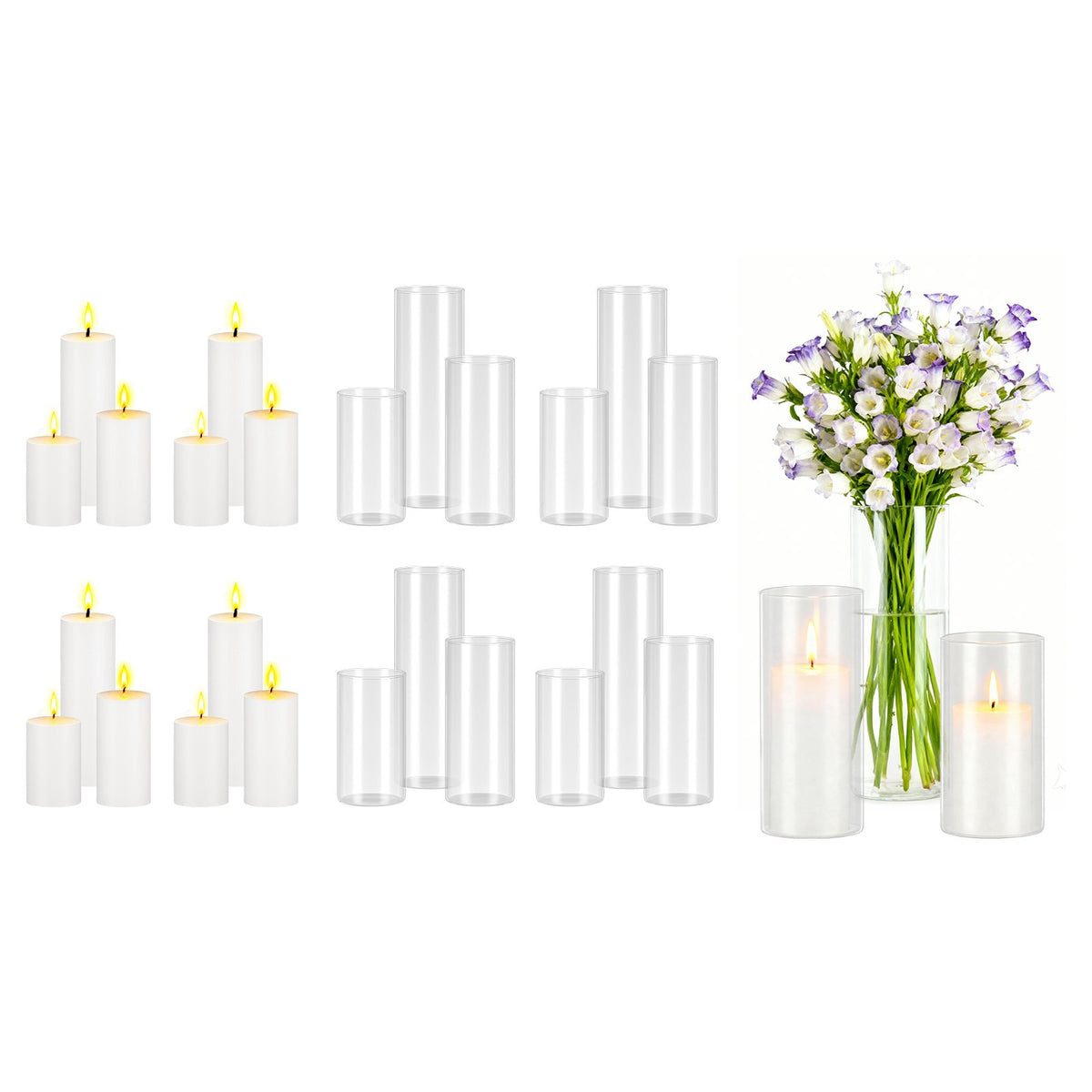 VEVOR Pillar Candles and Glass Vases Set 24 Pcs, Clear Cylinder Hurricane Candle Holders for Wedding Centerpieces, Tall Vase for Table Decor, Wedding Party, Thanksgiving,White (2.56" x 4.7",5.9",7.9") - BLYZHPLZTZHPMEWHK001V0 - view 1