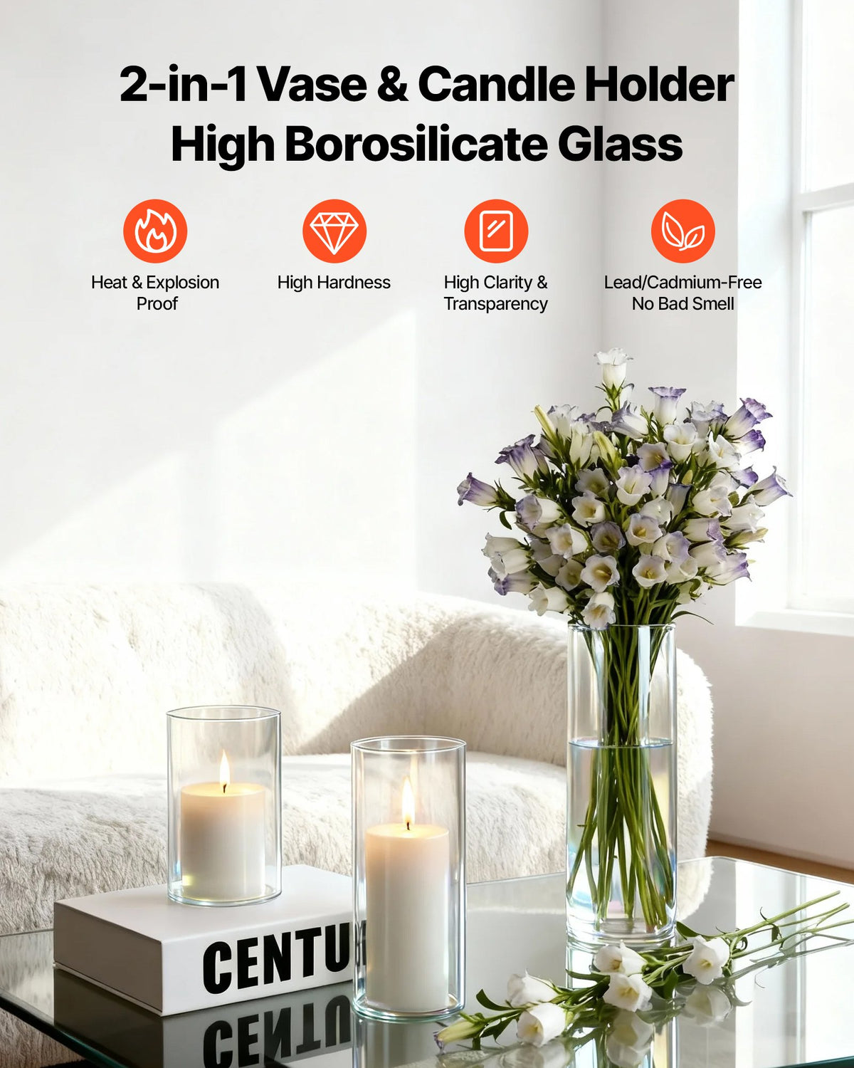VEVOR Pillar Candles and Glass Vases Set 24 Pcs, Clear Cylinder Hurricane Candle Holders for Wedding Centerpieces, Tall Vase for Table Decor, Wedding Party, Thanksgiving,White (2.56" x 4.7",5.9",7.9") - BLYZHPLZTZHPMEWHK001V0 - view 4