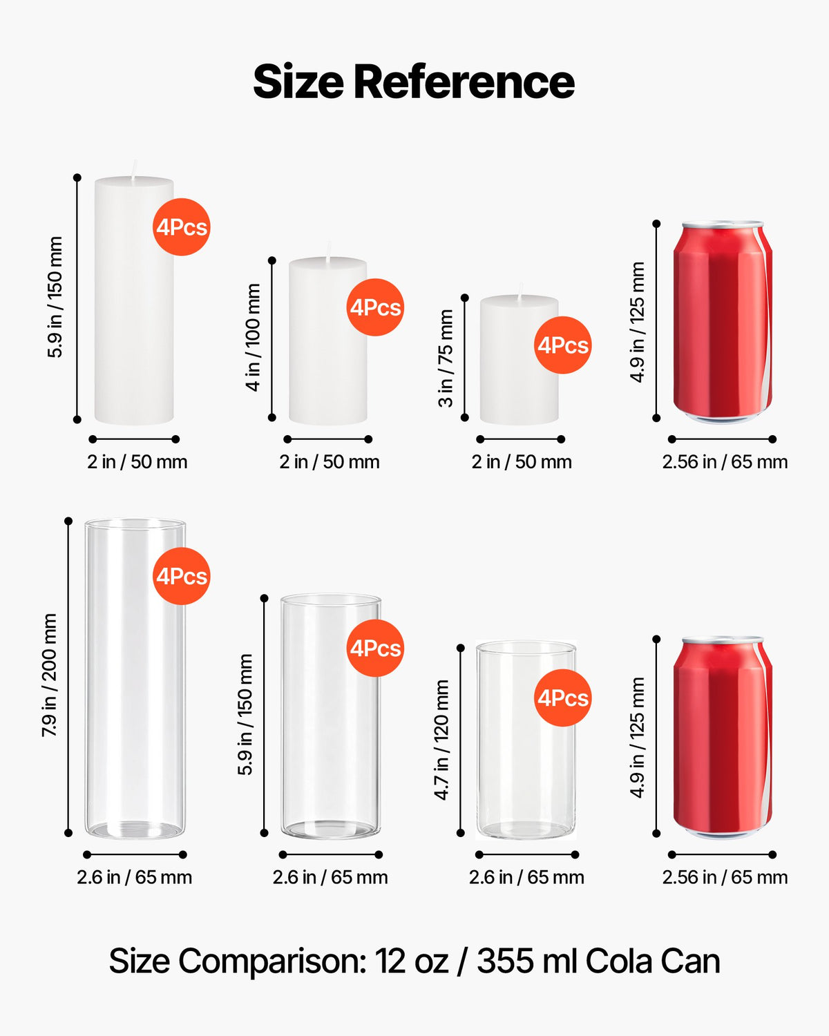 VEVOR Pillar Candles and Glass Vases Set 24 Pcs, Clear Cylinder Hurricane Candle Holders for Wedding Centerpieces, Tall Vase for Table Decor, Wedding Party, Thanksgiving,White (2.56" x 4.7",5.9",7.9") - BLYZHPLZTZHPMEWHK001V0 - view 7