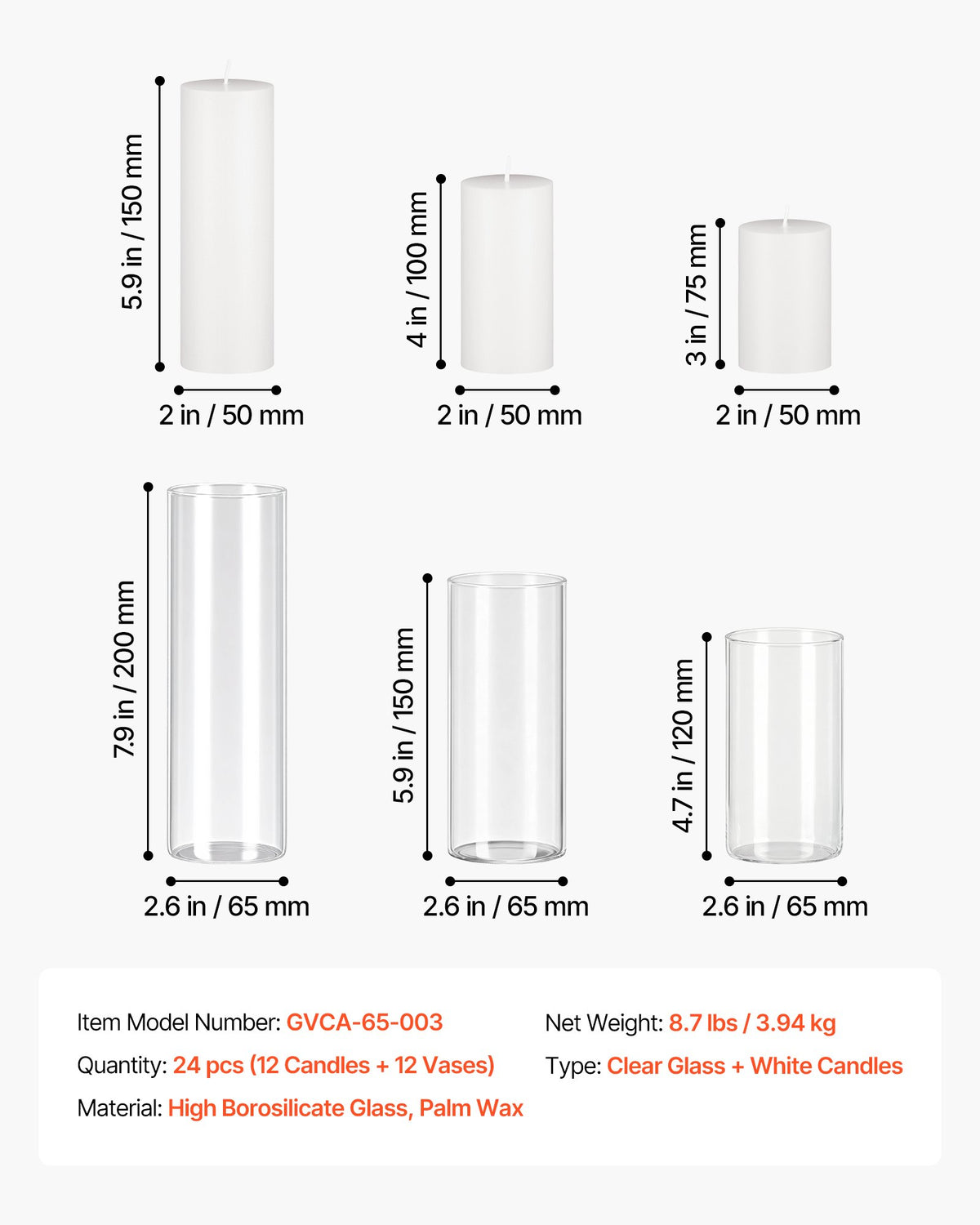 VEVOR Pillar Candles and Glass Vases Set 24 Pcs, Clear Cylinder Hurricane Candle Holders for Wedding Centerpieces, Tall Vase for Table Decor, Wedding Party, Thanksgiving,White (2.56" x 4.7",5.9",7.9") - BLYZHPLZTZHPMEWHK001V0 - view 8