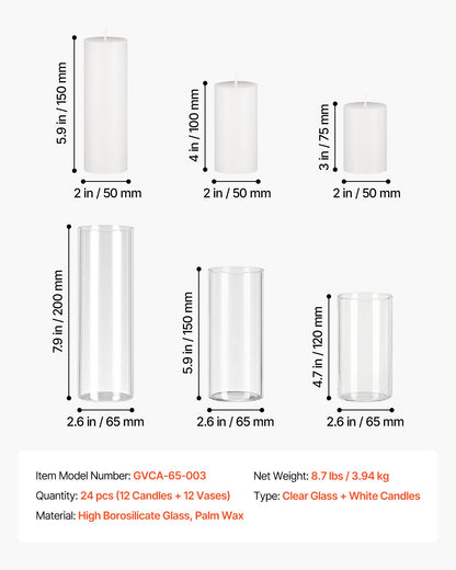 VEVOR Pillar Candles and Glass Vases Set 24 Pcs, Clear Cylinder Hurricane Candle Holders for Wedding Centerpieces, Tall Vase for Table Decor, Wedding Party, Thanksgiving,White (2.56" x 4.7",5.9",7.9") - BLYZHPLZTZHPMEWHK001V0 - view 8