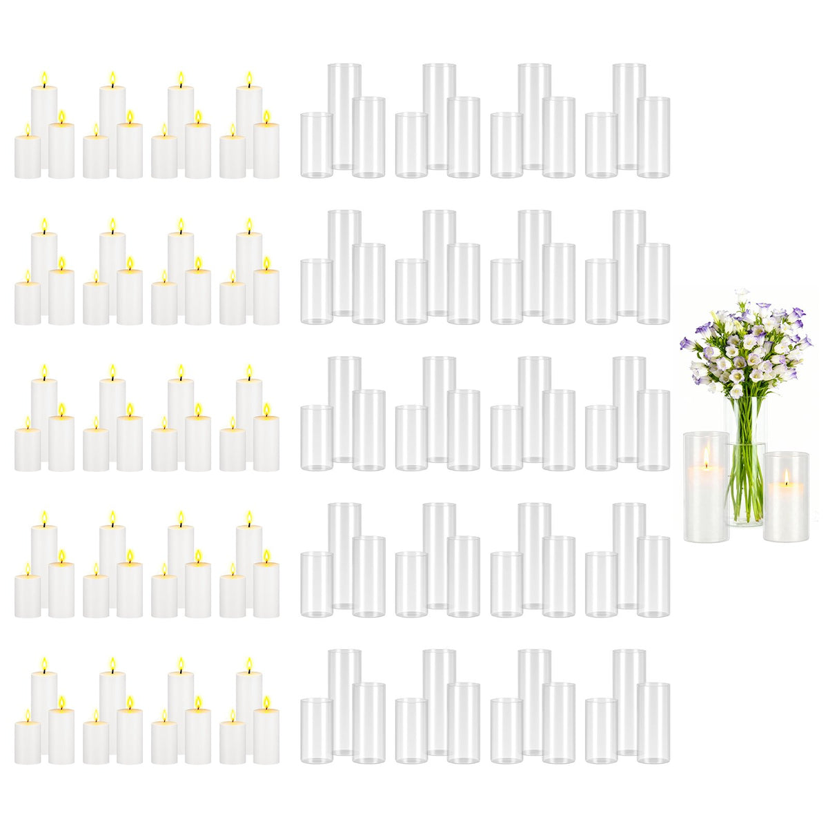 VEVOR Pillar Candles and Glass Vases Set 120 Pcs, Clear Cylinder Hurricane Candle Holders for Wedding Centerpieces, Tall Vase for Table Decor, Wedding Party,Thanksgiving,White (2.56" x 4.7",5.9",7.9") - BLYZHPLZTZHPPLWR4001V0 - view 1