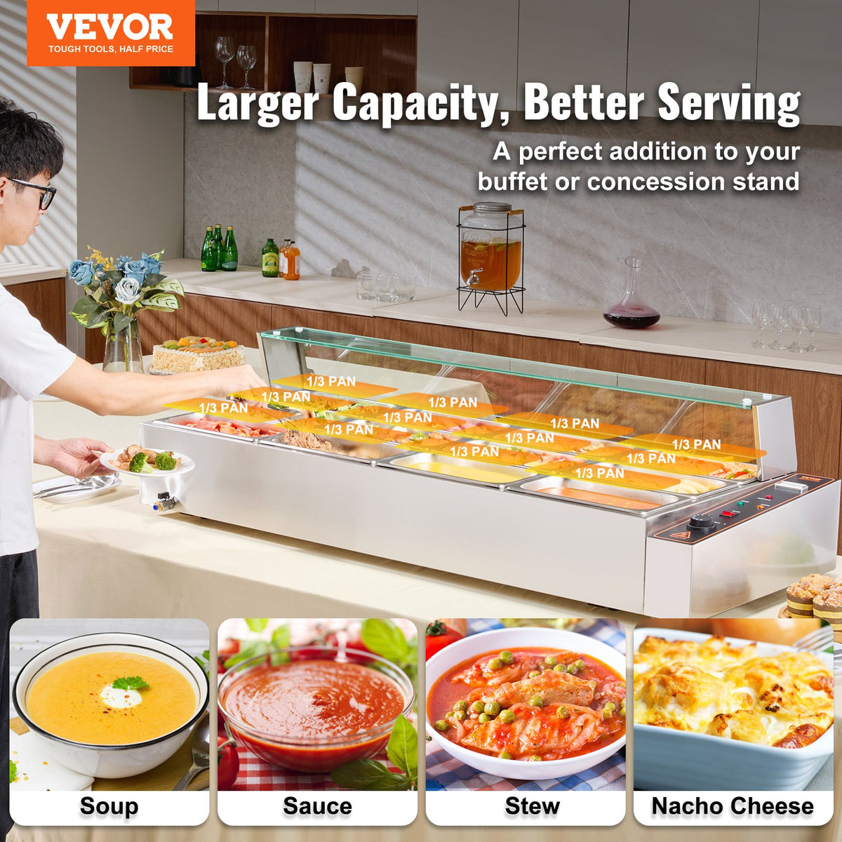 VEVOR 12-Pan Commercial Food Warmer, 12 x 5QT Electric Steam Table with Glass Cover, 3200W Countertop Stainless Steel Buffet Bain Marie w/ Thermometer 86-185°F Temp Control for Catering, Restaurants - BLZBWTC128QT2L8XWV7 - view 3
