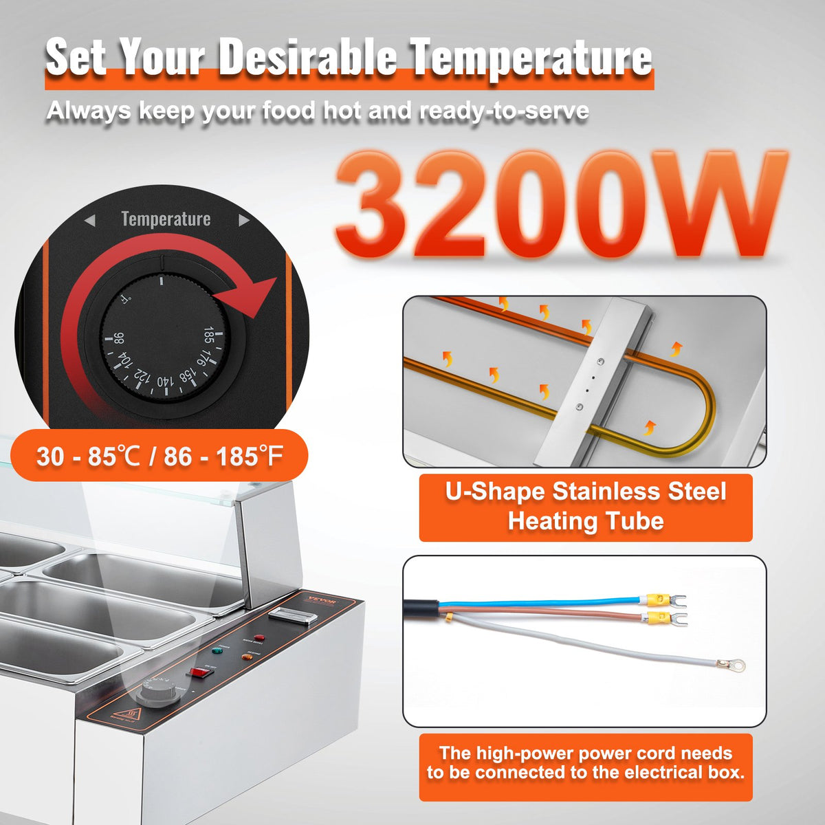 VEVOR 12-Pan Commercial Food Warmer, 12 x 5QT Electric Steam Table with Glass Cover, 3200W Countertop Stainless Steel Buffet Bain Marie w/ Thermometer 86-185°F Temp Control for Catering, Restaurants - BLZBWTC128QT2L8XWV7 - view 4