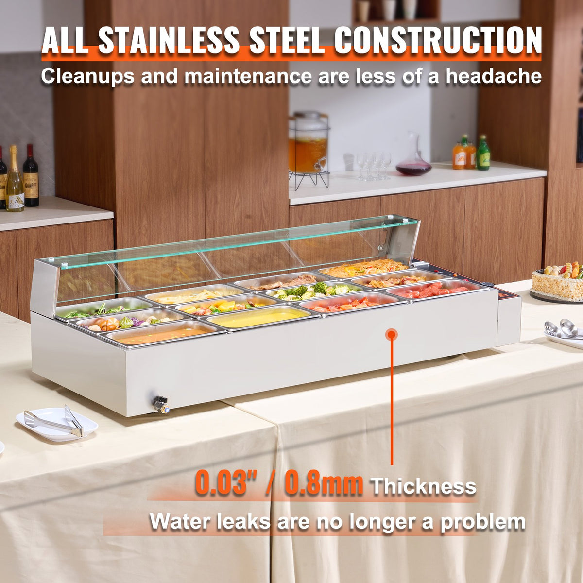 VEVOR 12-Pan Commercial Food Warmer, 12 x 5QT Electric Steam Table with Glass Cover, 3200W Countertop Stainless Steel Buffet Bain Marie w/ Thermometer 86-185°F Temp Control for Catering, Restaurants - BLZBWTC128QT2L8XWV7 - view 6