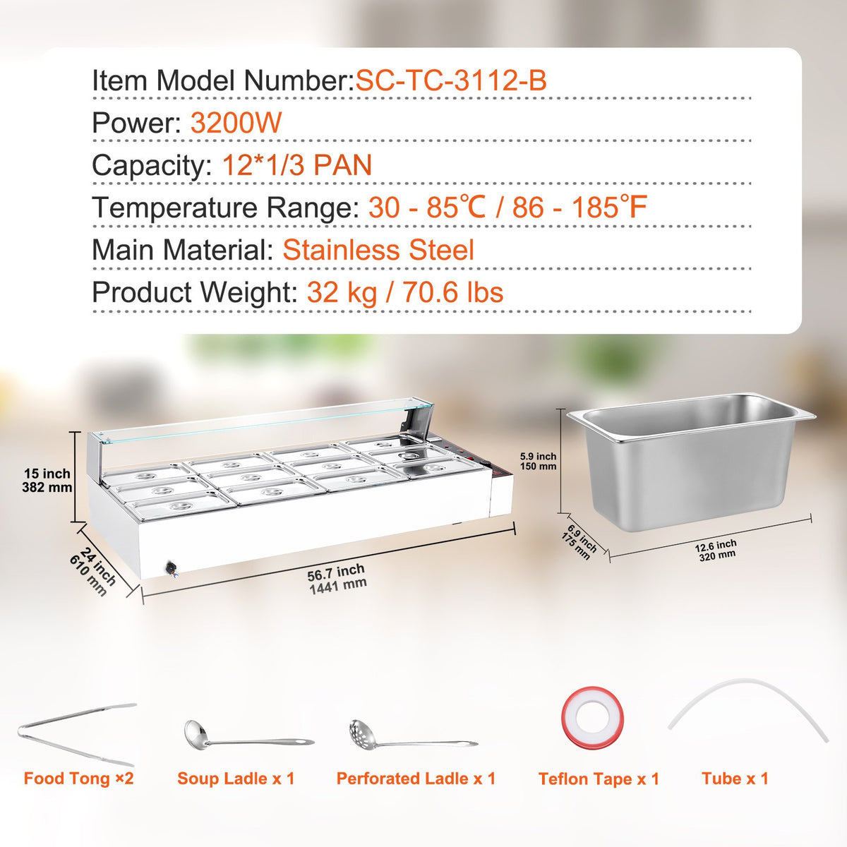 VEVOR 12-Pan Commercial Food Warmer, 12 x 5QT Electric Steam Table with Glass Cover, 3200W Countertop Stainless Steel Buffet Bain Marie w/ Thermometer 86-185°F Temp Control for Catering, Restaurants - BLZBWTC128QT2L8XWV7 - view 8