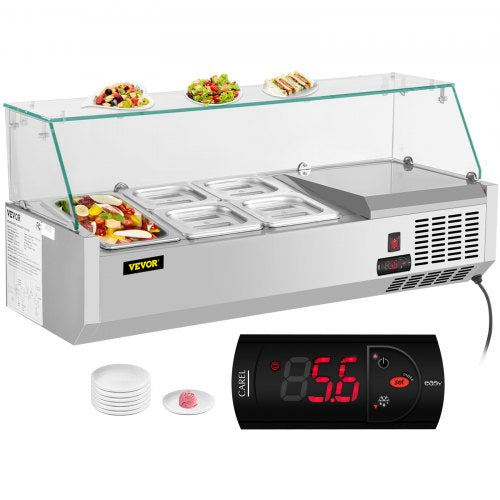 VEVOR Refrigerated Condiment Prep Station, 40-Inch, 7.8Qt Sandwich Prep Table with 1 1/3 Pan & 4 1/6 Pans, 150W Salad Bar with 304 Stainless Body Tempered Glass Shield Digital - BLZBXGL40110VQLX5V1 - view 1
