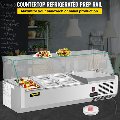 VEVOR Refrigerated Condiment Prep Station, 40-Inch, 7.8Qt Sandwich Prep Table with 1 1/3 Pan & 4 1/6 Pans, 150W Salad Bar with 304 Stainless Body Tempered Glass Shield Digital - BLZBXGL40110VQLX5V1 - view 2