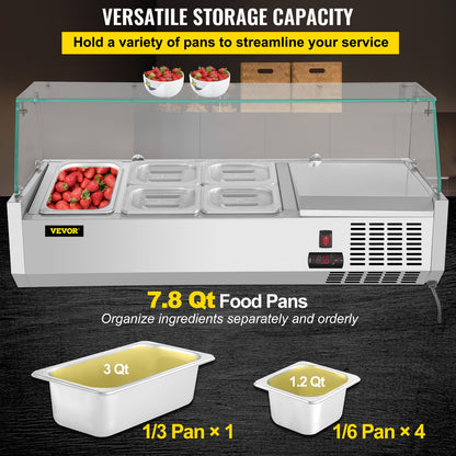 VEVOR Refrigerated Condiment Prep Station, 40-Inch, 7.8Qt Sandwich Prep Table with 1 1/3 Pan & 4 1/6 Pans, 150W Salad Bar with 304 Stainless Body Tempered Glass Shield Digital - BLZBXGL40110VQLX5V1 - view 3