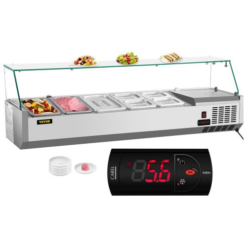 VEVOR Refrigerated Condiment Prep Station, 55-Inch, 13.8Qt Sandwich Prep Table with 3 1/3 Pans & 4 1/6 Pans, 150W Salad Bar with 304 Stainless Body Tempered Glass Shield Digital - BLZBXGL55110V4XT1V1 - view 1