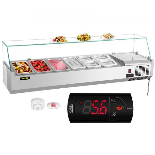 VEVOR Refrigerated Condiment Prep Station, 60-Inch, 16.8Qt Sandwich Prep Table with 4 1/3 Pans & 4 1/6 Pans, 146W Salad Bar with 304 Stainless Body Tempered Glass Shield Digital - BLZBXGL60110V7S6YV1 - view 1