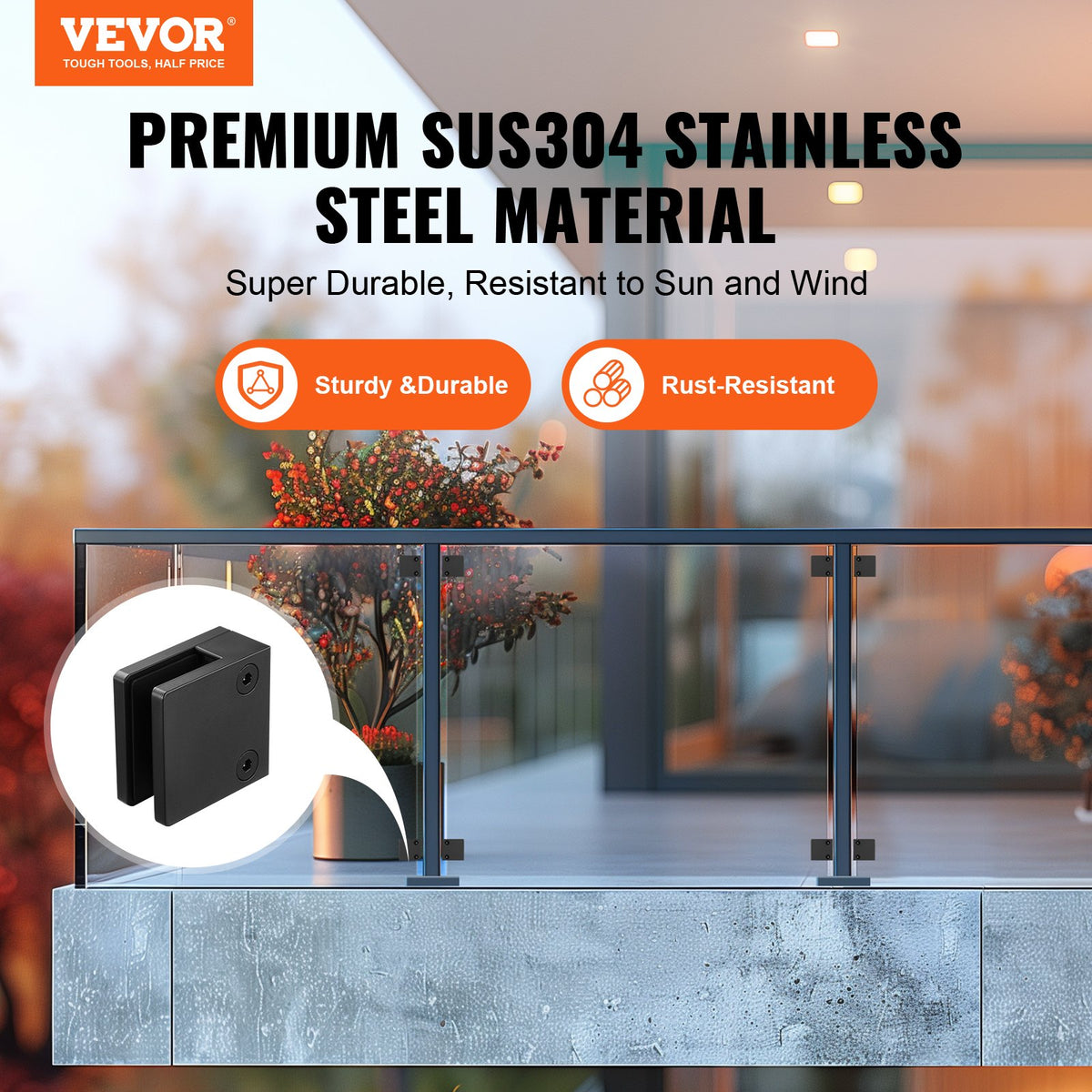 VEVOR Glass Clamp, 40 PCS Square Glass Railing Bracket for 0.31 "-0.47 " Tempered Glass, 304 Stainless Steel Glass Mounting Clamp, Glass Shelf Bracket for Balcony, Garden, Deck, Stair, Black - BLZJHSFX40PCUK43PV0 - view 3