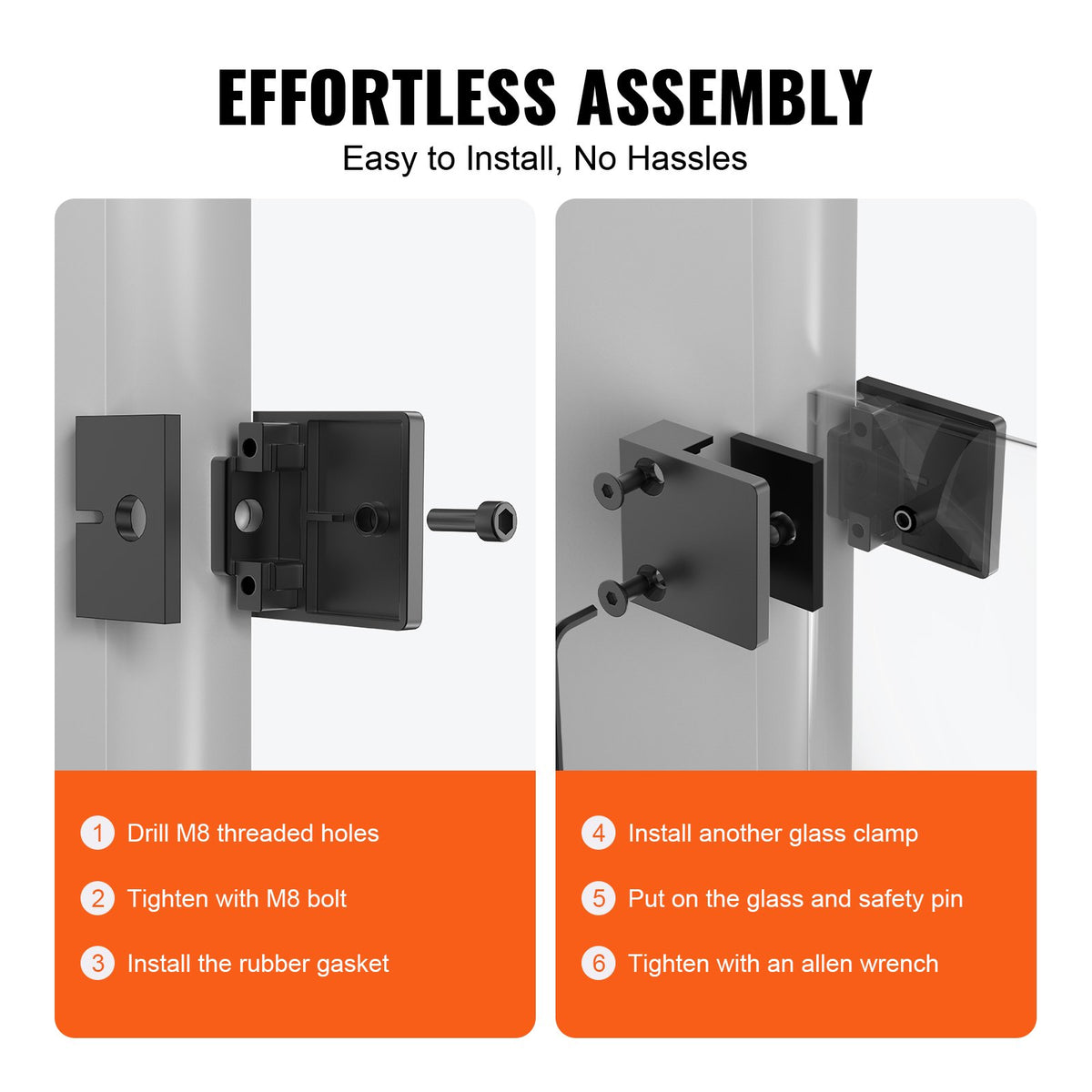 VEVOR Glass Clamp, 40 PCS Square Glass Railing Bracket for 0.31 "-0.47 " Tempered Glass, 304 Stainless Steel Glass Mounting Clamp, Glass Shelf Bracket for Balcony, Garden, Deck, Stair, Black - BLZJHSFX40PCUK43PV0 - view 4