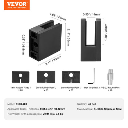 VEVOR Glass Clamp, 40 PCS Square Glass Railing Bracket for 0.31 "-0.47 " Tempered Glass, 304 Stainless Steel Glass Mounting Clamp, Glass Shelf Bracket for Balcony, Garden, Deck, Stair, Black - BLZJHSFX40PCUK43PV0 - view 8