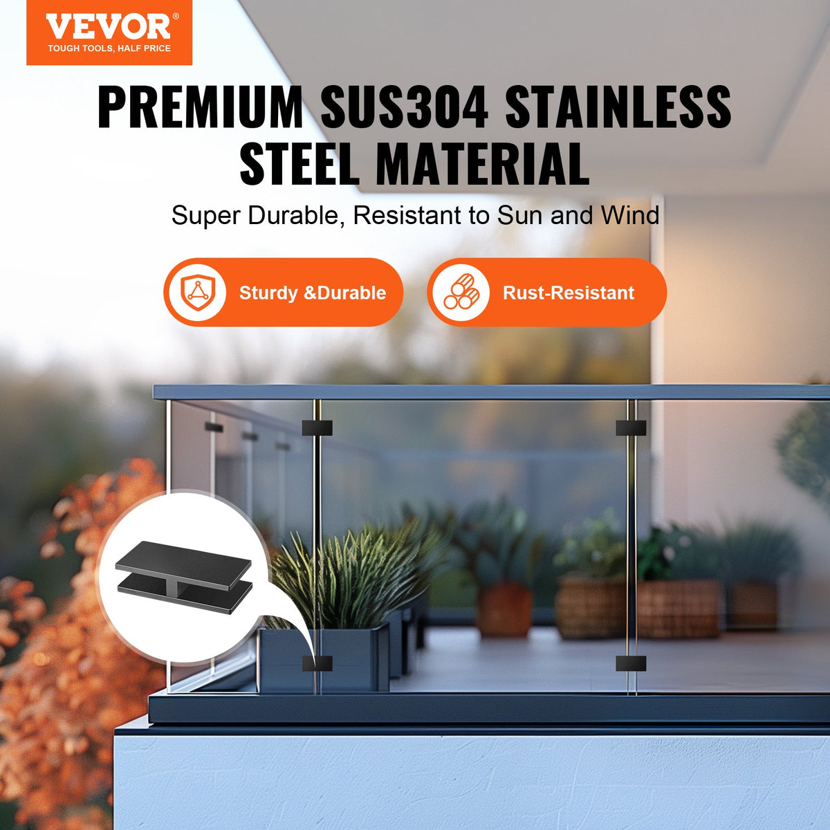 VEVOR Glass Clamp, 4 PCS Rectangle Glass Railing Bracket for 0.31 "-0.47 " Tempered Glass, 304 Stainless Steel Glass Mounting Clamp, 0.2” Thick Glass Shelf Bracket for Balcony, Garden, Pool, Stair - BLZJHSZFX4PCO6SWDV0 - view 3