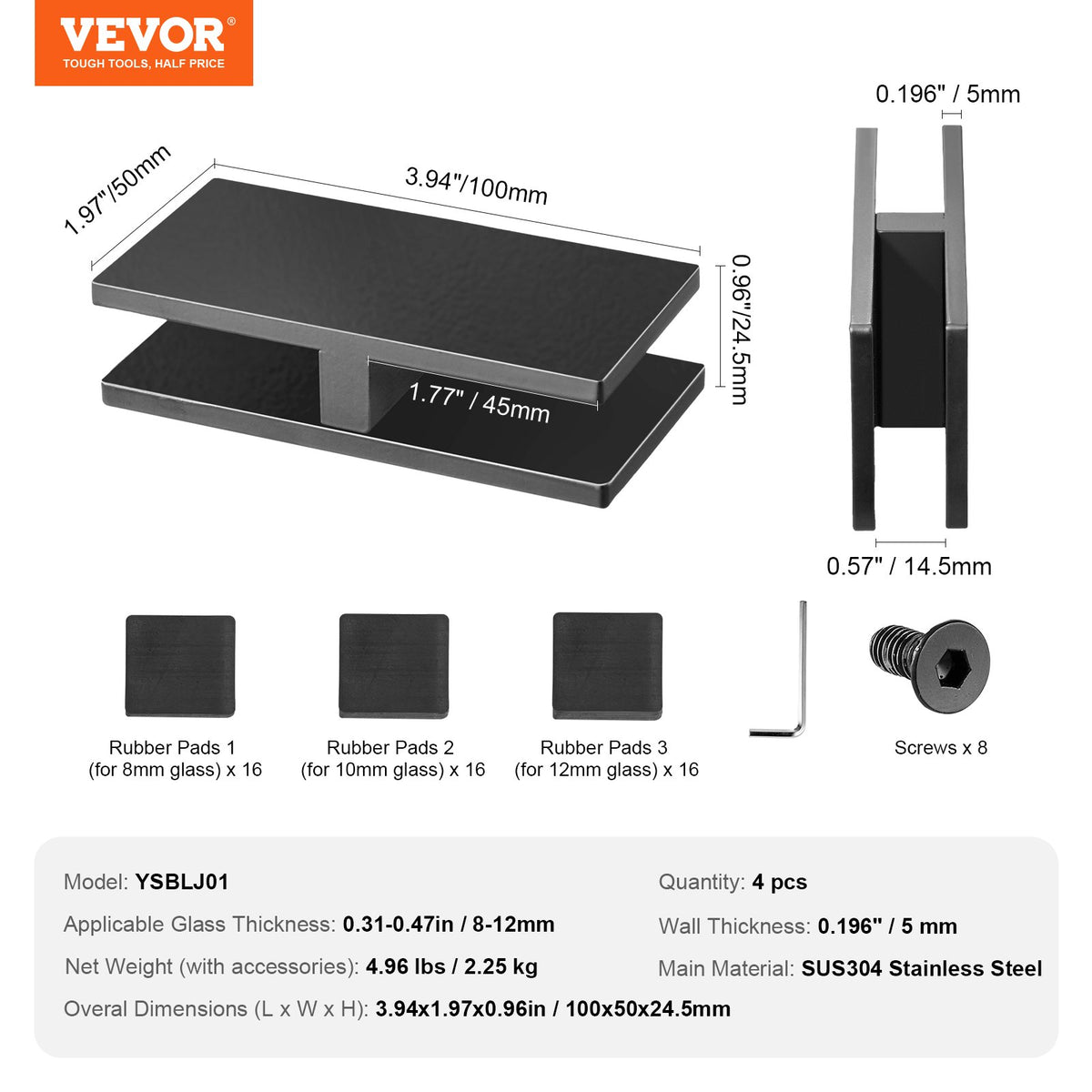 VEVOR Glass Clamp, 4 PCS Rectangle Glass Railing Bracket for 0.31 "-0.47 " Tempered Glass, 304 Stainless Steel Glass Mounting Clamp, 0.2” Thick Glass Shelf Bracket for Balcony, Garden, Pool, Stair - BLZJHSZFX4PCO6SWDV0 - view 8
