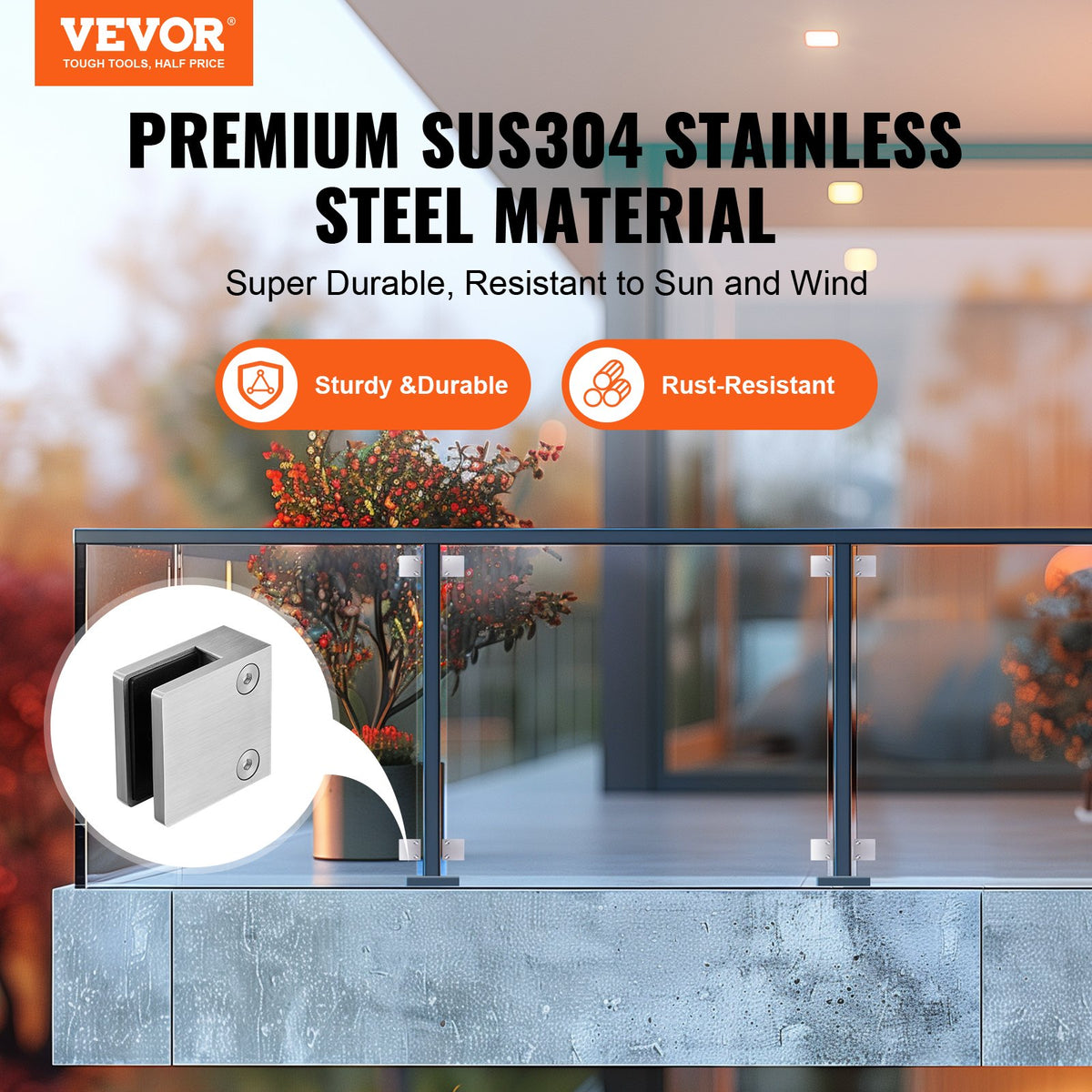 VEVOR Glass Clamp, 4 PCS Square Glass Railing Bracket for 0.31 "-0.47 " Tempered Glass, 304 Stainless Steel Glass Mounting Clamp, Glass Shelf Bracket for Balcony, Garden, Pool, Stair, Silver - BLZJYSFX4PCSB3QG6V0 - view 3