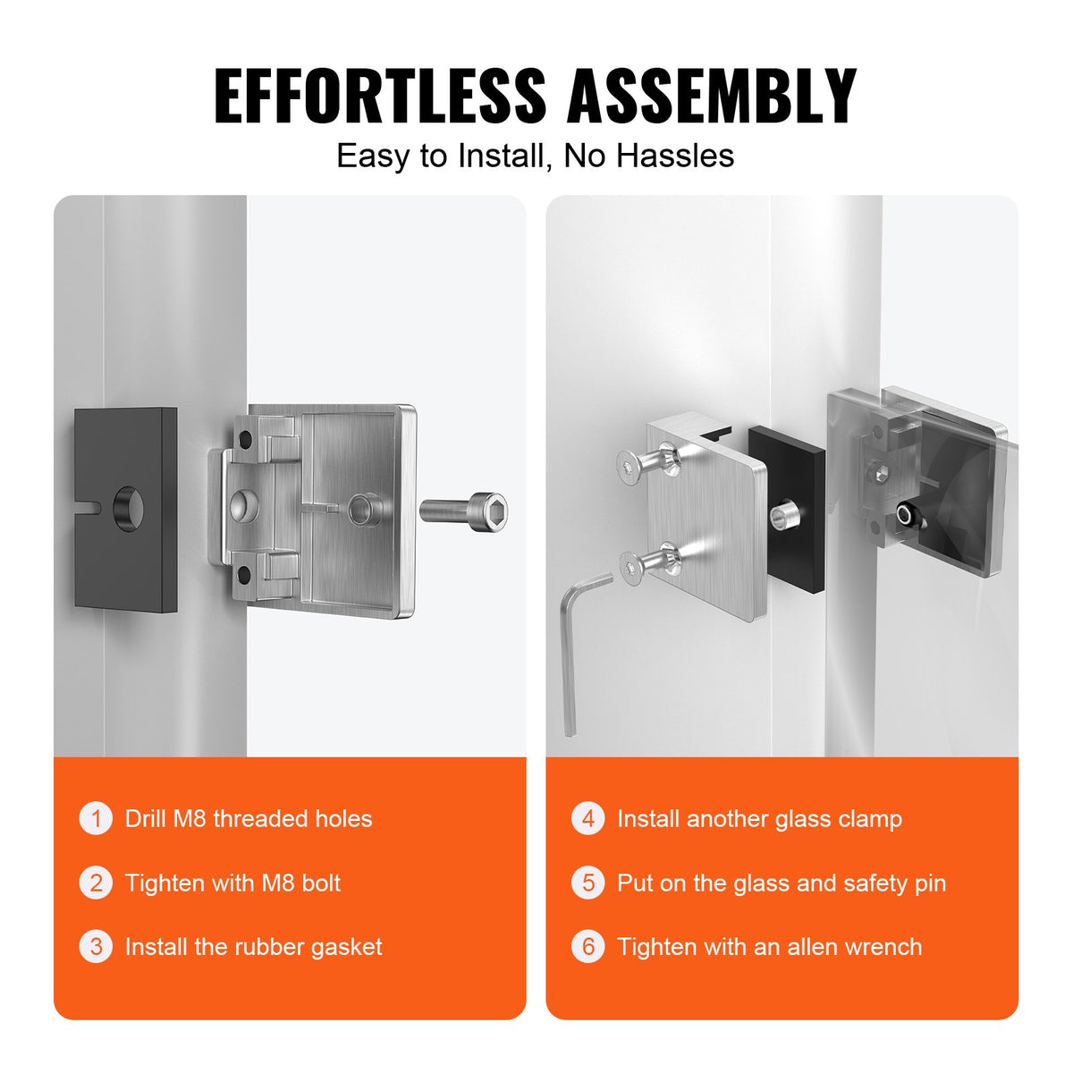 VEVOR Glass Clamp, 4 PCS Square Glass Railing Bracket for 0.31 "-0.47 " Tempered Glass, 304 Stainless Steel Glass Mounting Clamp, Glass Shelf Bracket for Balcony, Garden, Pool, Stair, Silver - BLZJYSFX4PCSB3QG6V0 - view 4