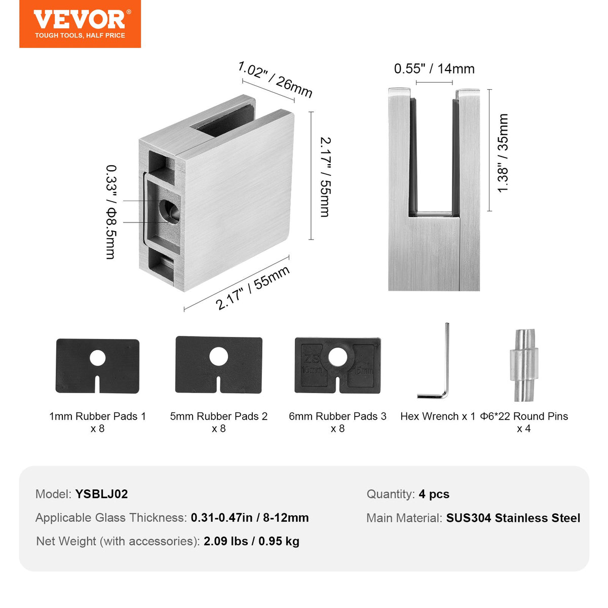 VEVOR Glass Clamp, 4 PCS Square Glass Railing Bracket for 0.31 "-0.47 " Tempered Glass, 304 Stainless Steel Glass Mounting Clamp, Glass Shelf Bracket for Balcony, Garden, Pool, Stair, Silver - BLZJYSFX4PCSB3QG6V0 - view 8