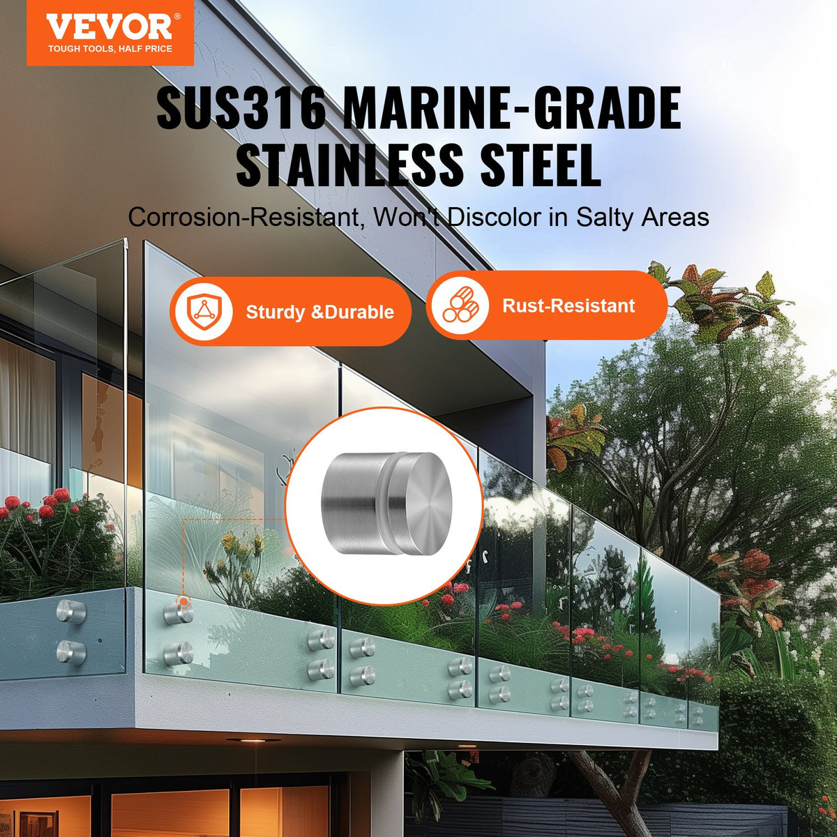 VEVOR Glass Clamp, 10 PCS Round Glass Railing Bracket for 0.31 "-0.62 " Tempered Glass, 316 Stainless Steel Glass Mounting Clamp, Glass Shelf Bracket for Balcony, Garden, Pool, Stair, Silver - BLZJYSYX10PC7RG34V0 - view 3