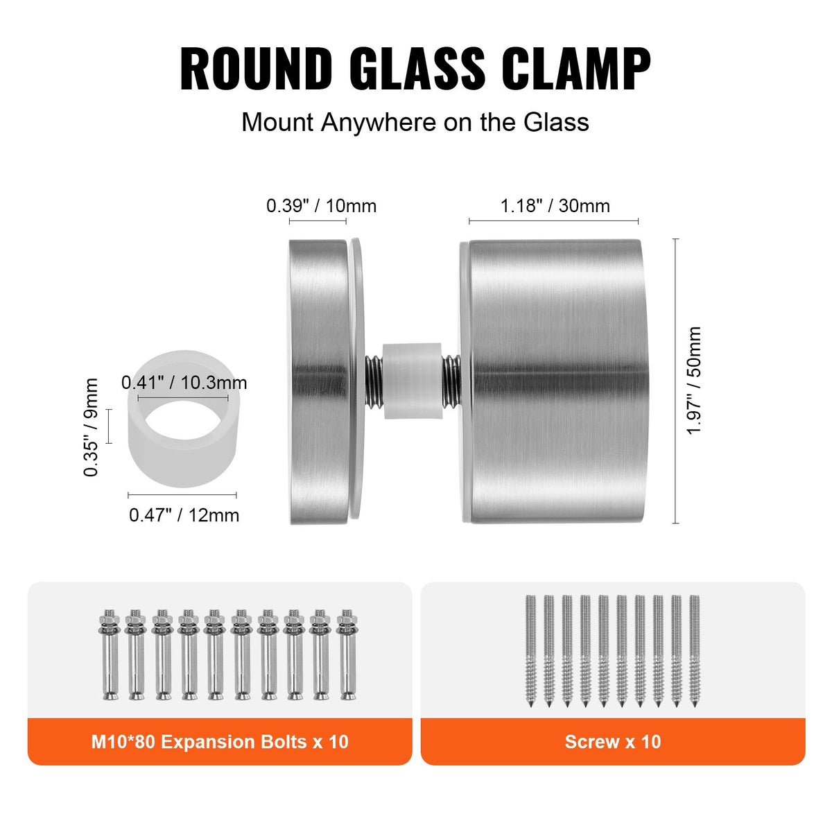 VEVOR Glass Clamp, 10 PCS Round Glass Railing Bracket for 0.31 "-0.62 " Tempered Glass, 316 Stainless Steel Glass Mounting Clamp, Glass Shelf Bracket for Balcony, Garden, Pool, Stair, Silver - BLZJYSYX10PC7RG34V0 - view 6