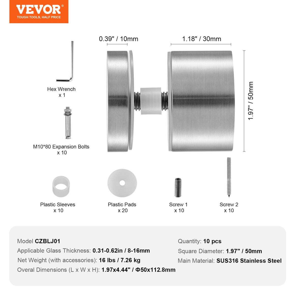 VEVOR Glass Clamp, 10 PCS Round Glass Railing Bracket for 0.31 "-0.62 " Tempered Glass, 316 Stainless Steel Glass Mounting Clamp, Glass Shelf Bracket for Balcony, Garden, Pool, Stair, Silver - BLZJYSYX10PC7RG34V0 - view 8